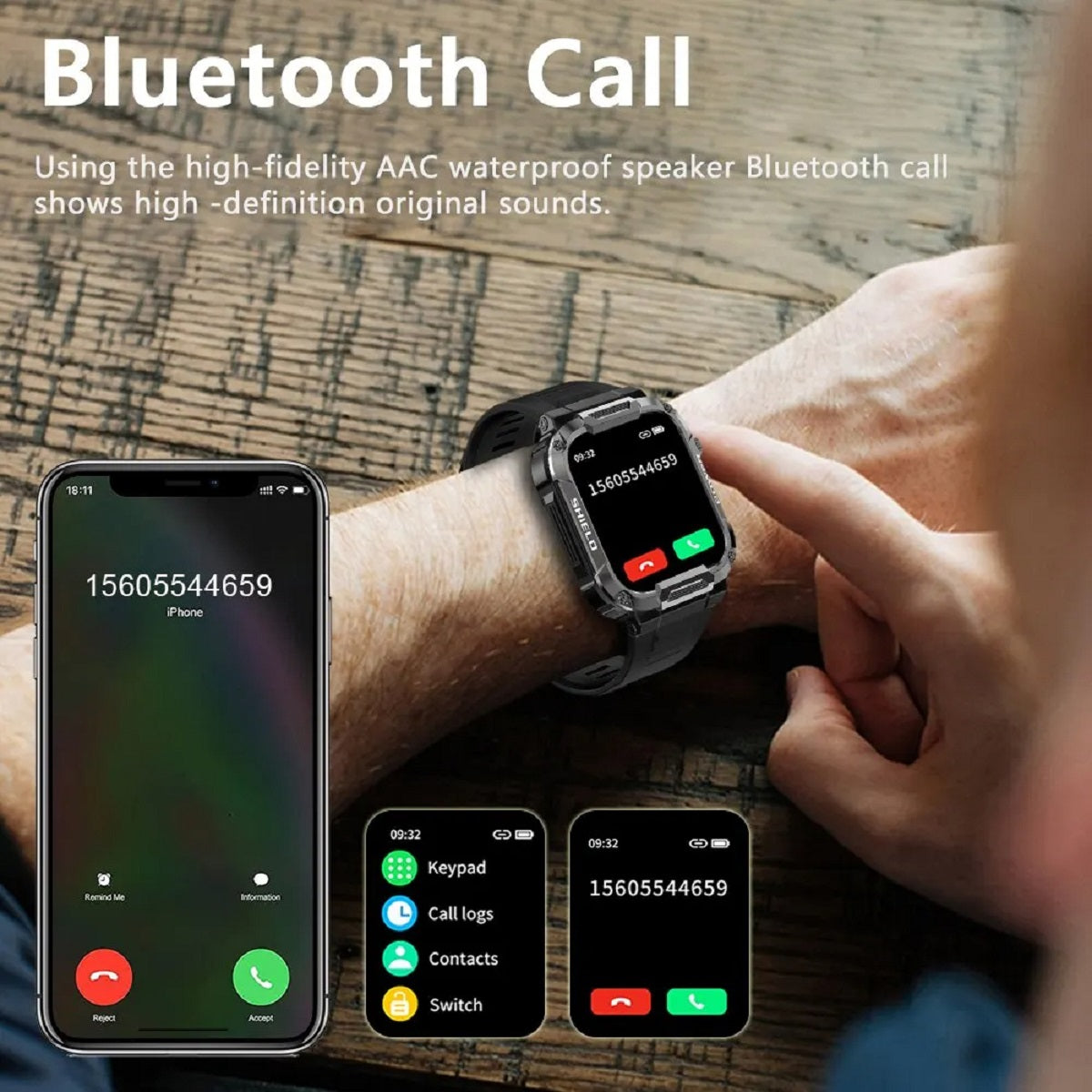 Men’s 1.85" Military Smartwatch – Bluetooth Call IP68 Waterproof Fitness Watch