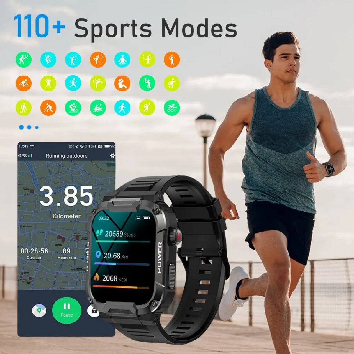 Men’s 1.85" Military Smartwatch – Bluetooth Call IP68 Waterproof Fitness Watch