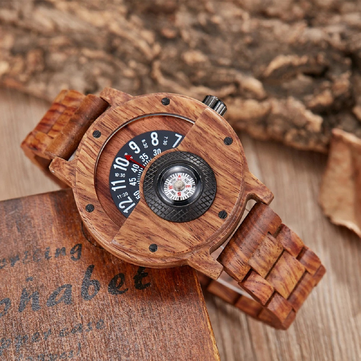 Turntable Compass Wooden Watch – Real Walnut & Ebony Timepiece for Men