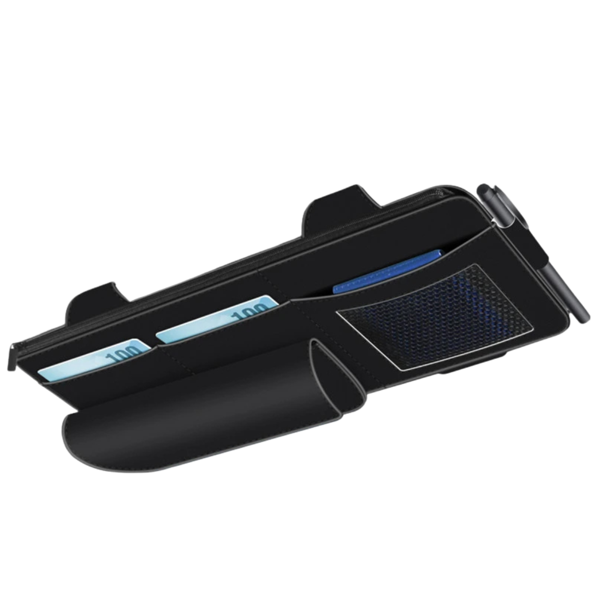 Car Sun Visor Organiser – Suede Leather Storage Bag with Glasses Clip and Card Holder