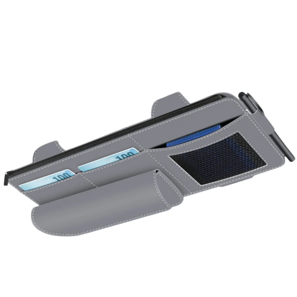 Car Sun Visor Organiser – Suede Leather Storage Bag with Glasses Clip and Card Holder