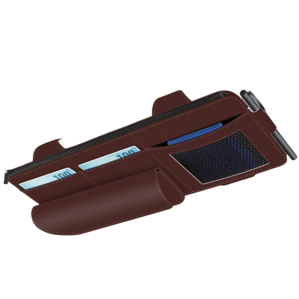 Car Sun Visor Organiser – Suede Leather Storage Bag with Glasses Clip and Card Holder