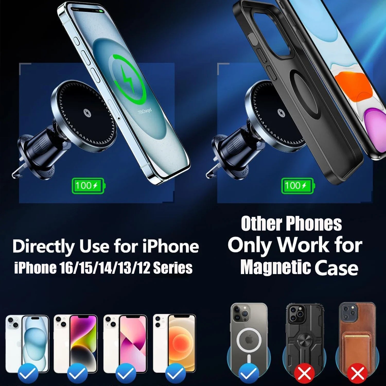 15W Magnetic Wireless Car Charger – Air Vent Phone Holder for iPhone