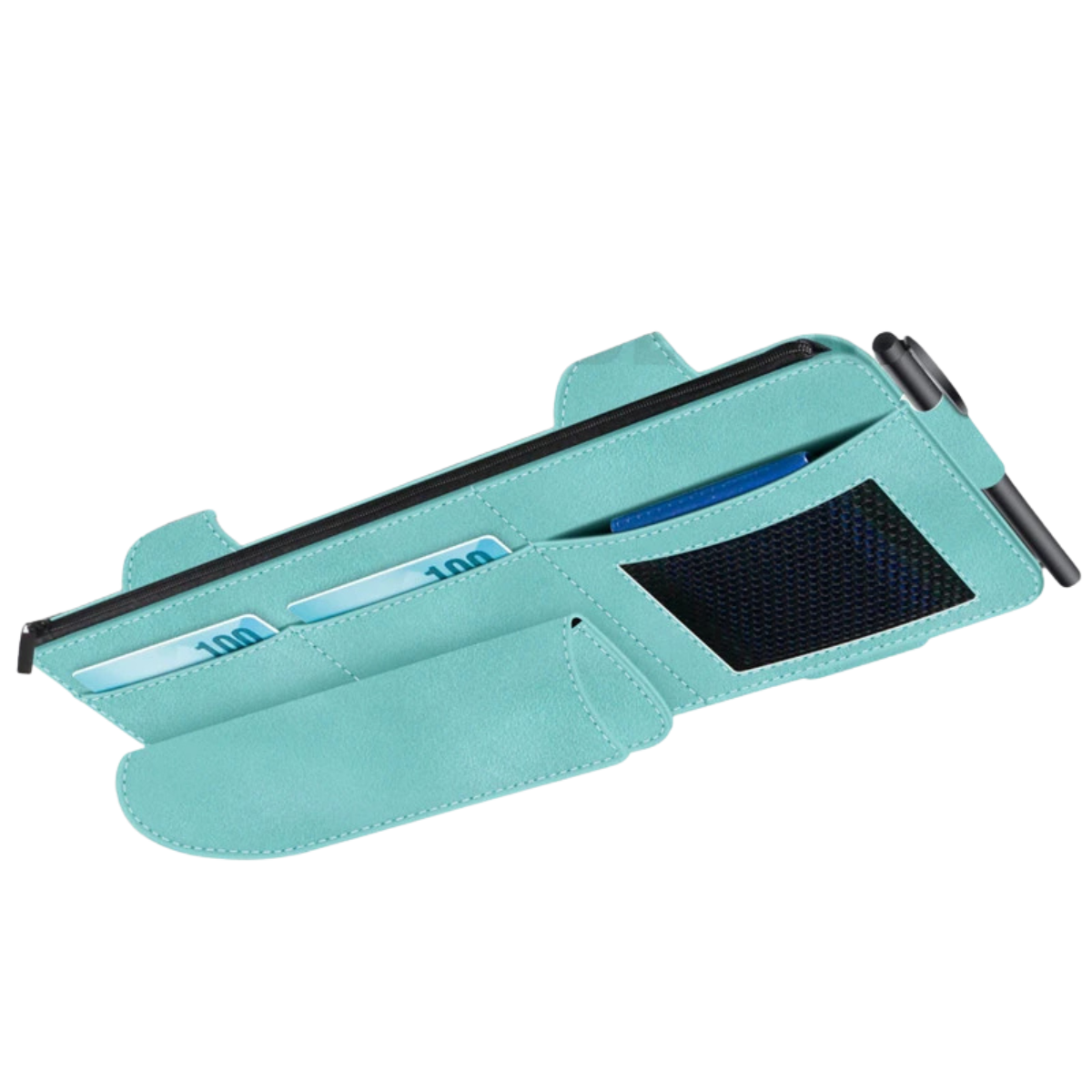 Car Sun Visor Organiser – Suede Leather Storage Bag with Glasses Clip and Card Holder