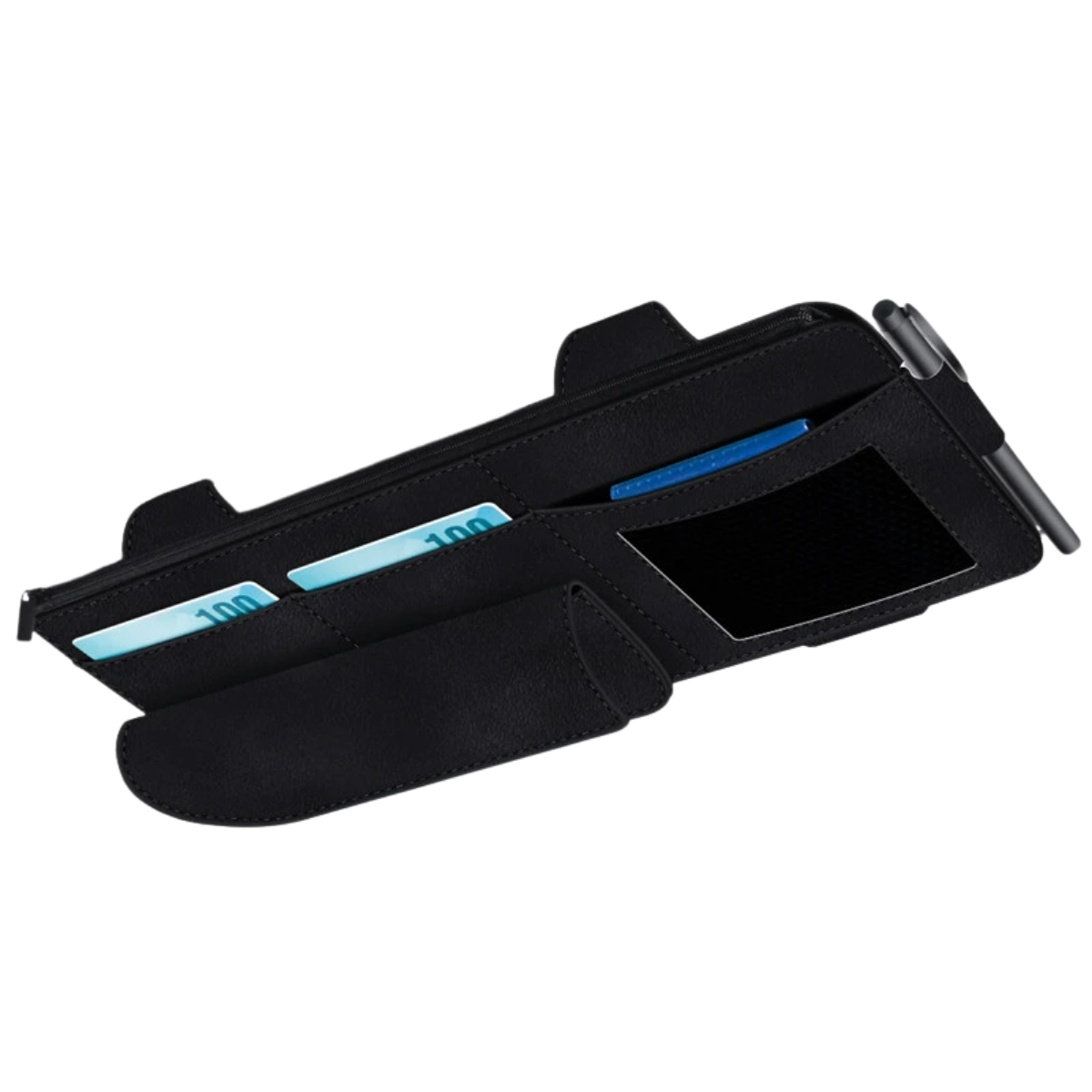 Car Sun Visor Organiser – Suede Leather Storage Bag with Glasses Clip and Card Holder