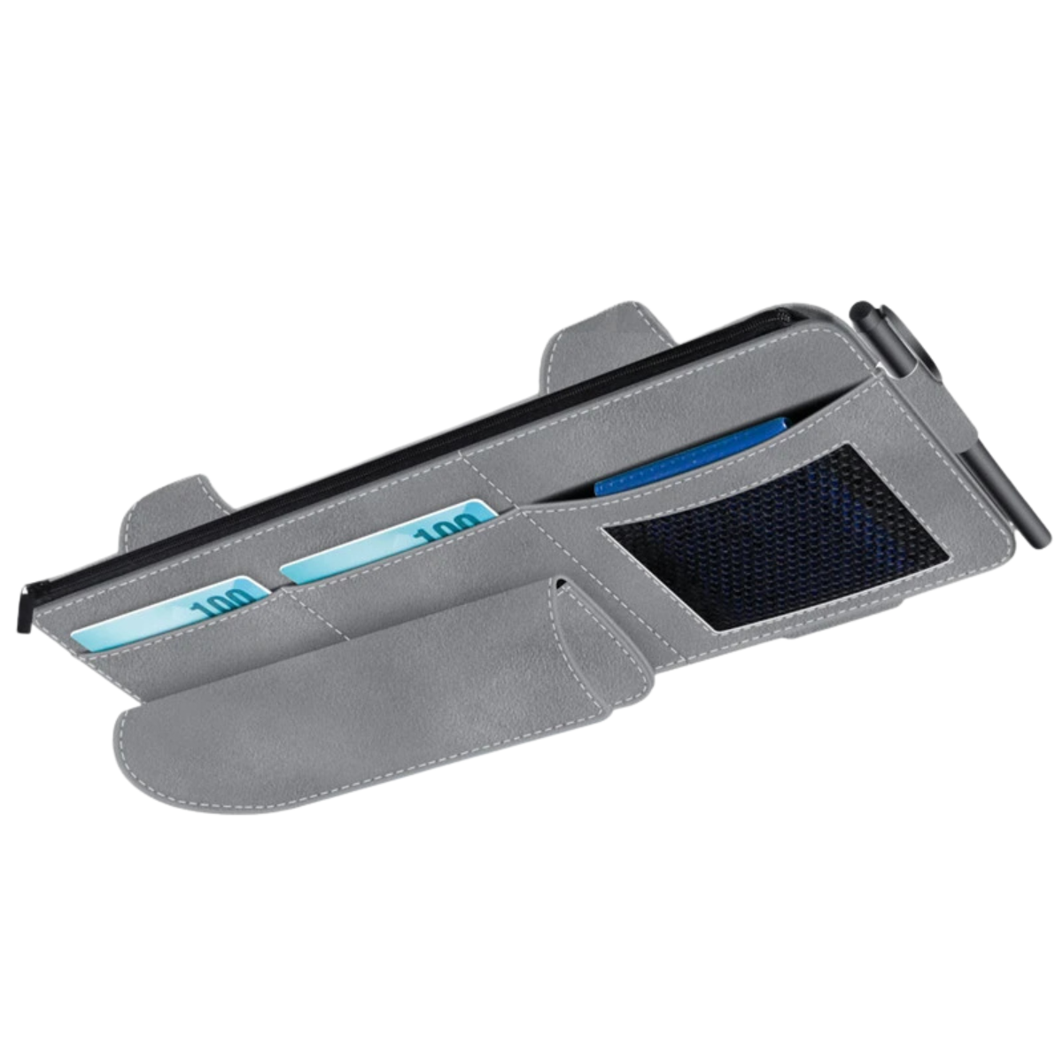 Car Sun Visor Organiser – Suede Leather Storage Bag with Glasses Clip and Card Holder