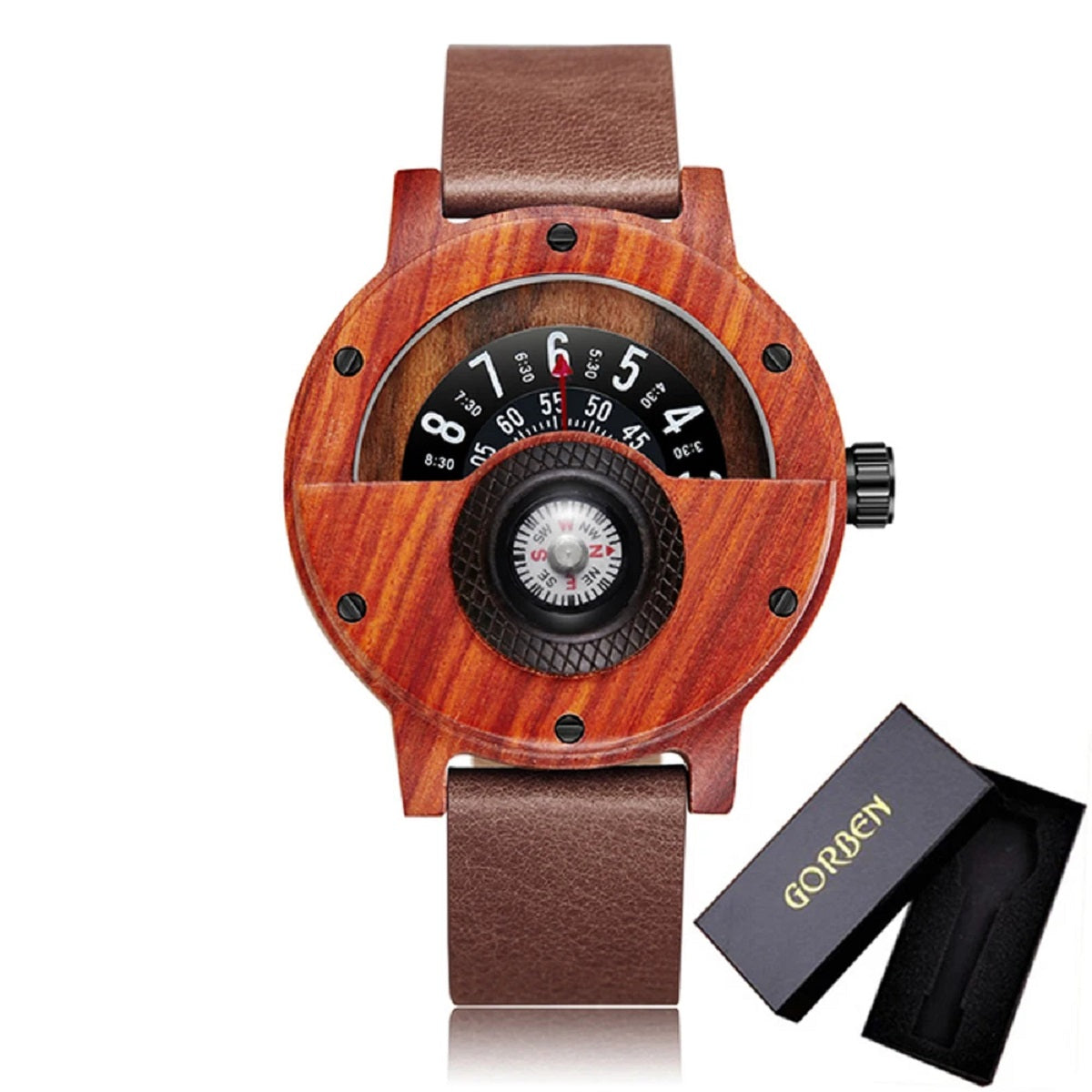 Turntable Compass Wooden Watch – Real Walnut & Ebony Timepiece for Men