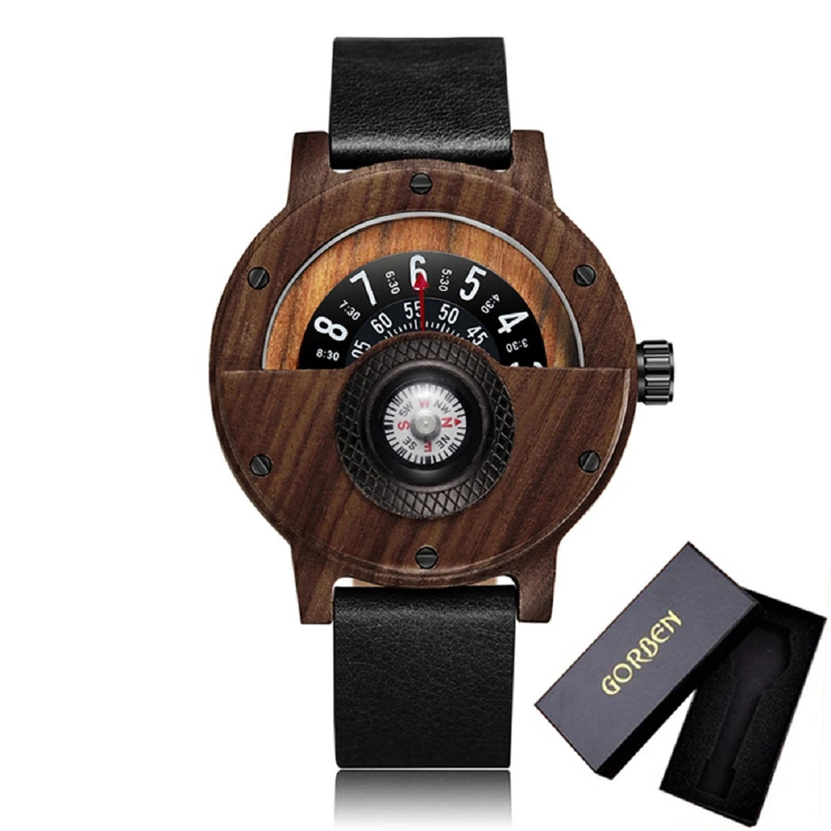 Turntable Compass Wooden Watch – Real Walnut & Ebony Timepiece for Men