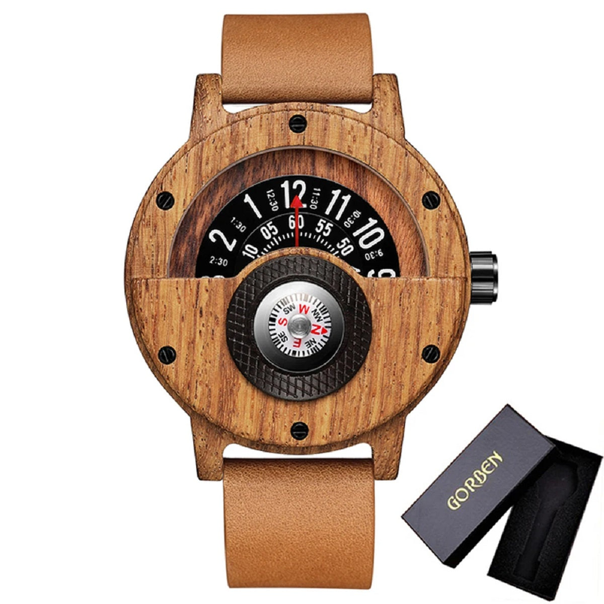 Turntable Compass Wooden Watch – Real Walnut & Ebony Timepiece for Men