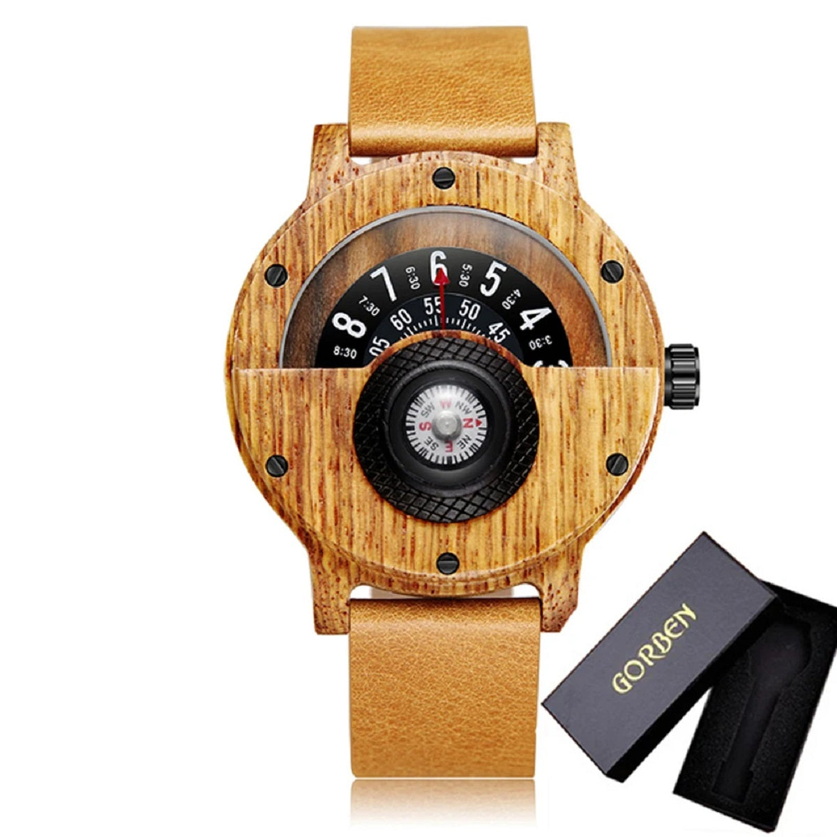 Turntable Compass Wooden Watch – Real Walnut & Ebony Timepiece for Men