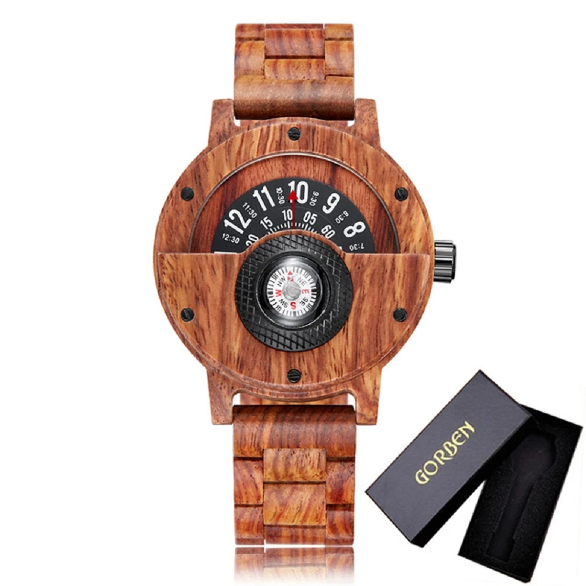 Turntable Compass Wooden Watch – Real Walnut & Ebony Timepiece for Men