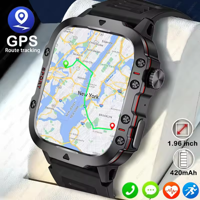 Men’s Rugged Outdoor GPS Smartwatch – 1.96" Bluetooth Call and Waterproof