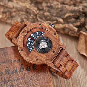 Turntable Compass Wooden Watch – Real Walnut & Ebony Timepiece for Men