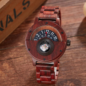 Turntable Compass Wooden Watch – Real Walnut & Ebony Timepiece for Men